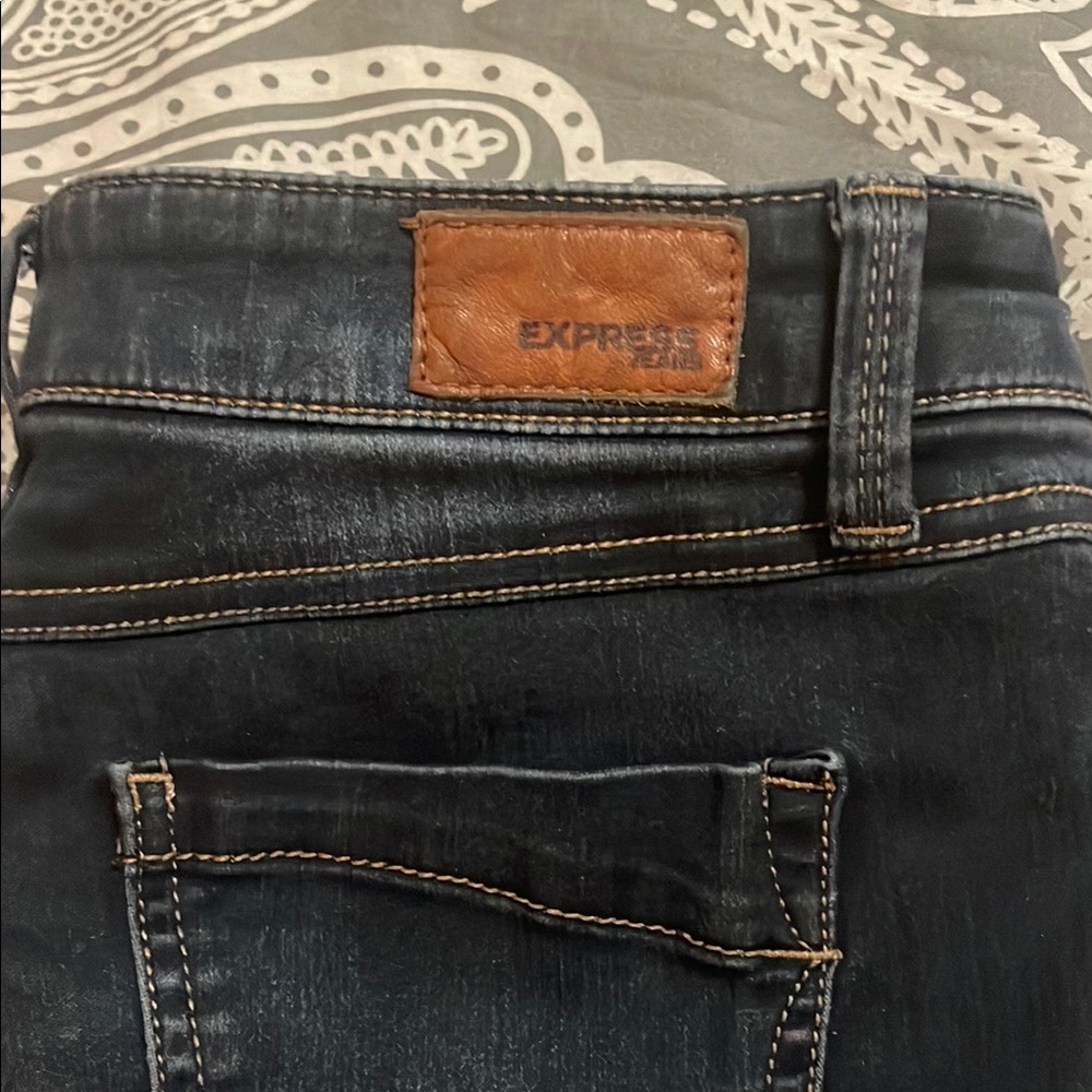 Express Dark Wash Jeans with Brown Leather Patch